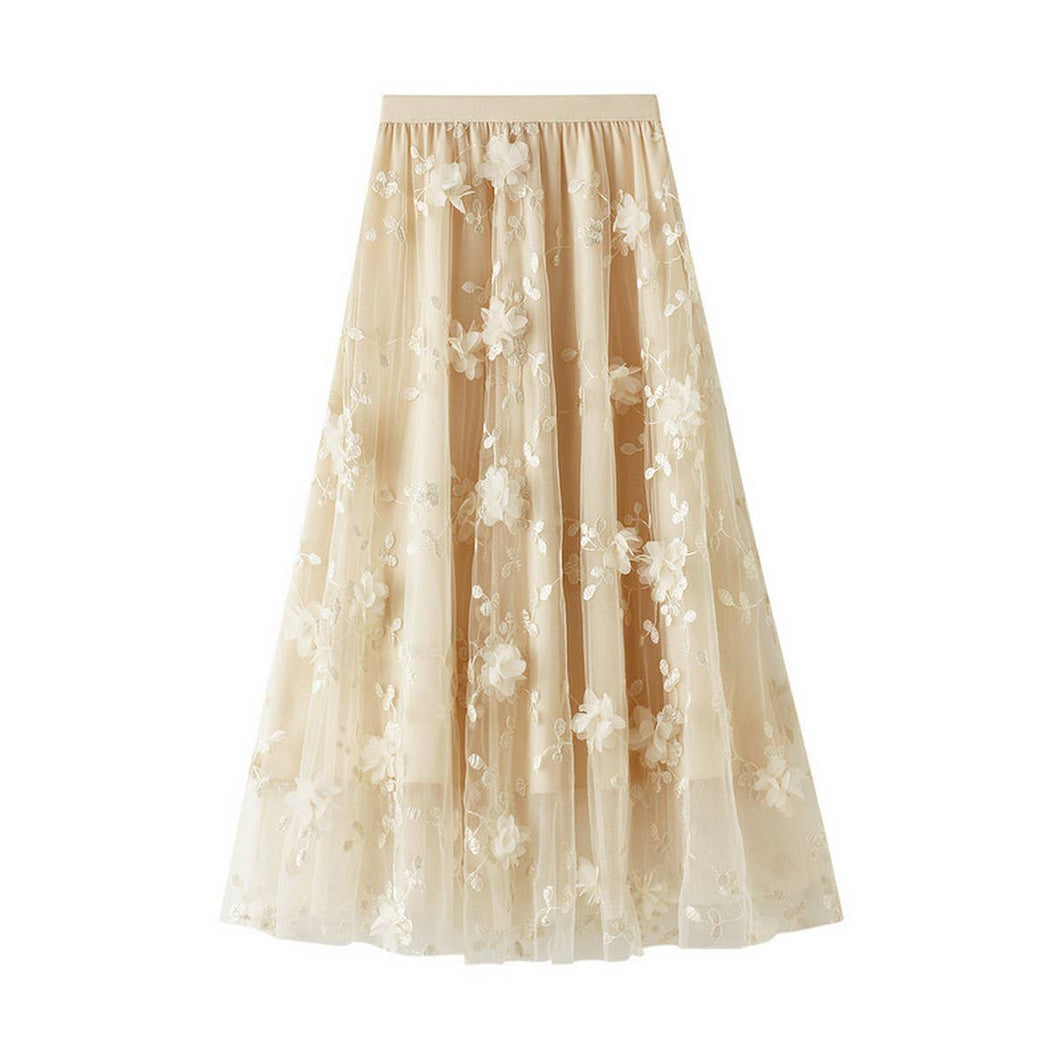 Apricot Embroidered Tulle A-Line Maxi Skirt