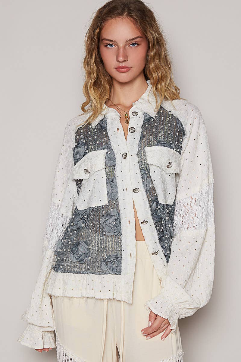 Charcoal Cream Long balloon sleeve flower detail button down POL shirt top