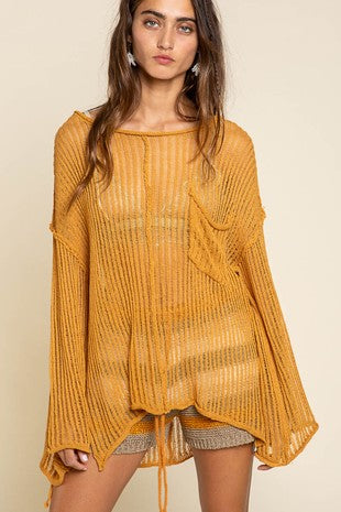 Gold Bronze See Through Boat Neck Thin POL Sweater 8/11/23 6832