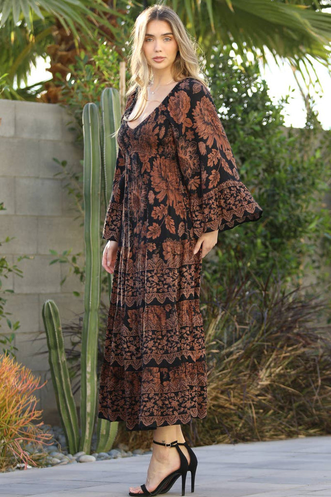 Black V Neck Smocked Bust Bell Sleeve Maxi Dress – B'Dazzled Shop
