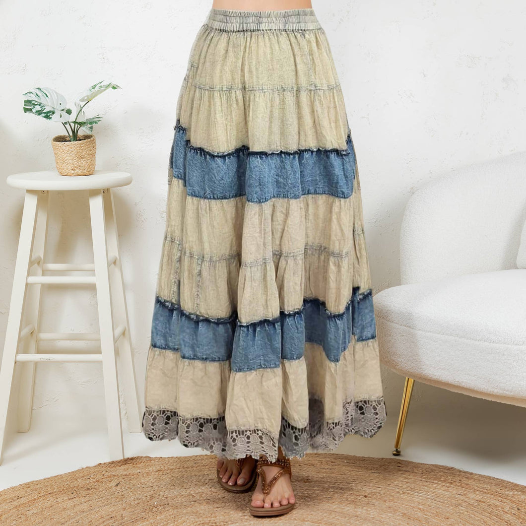 Latte Boho Patchwork Long Skirt with Denim & Lace Inserts