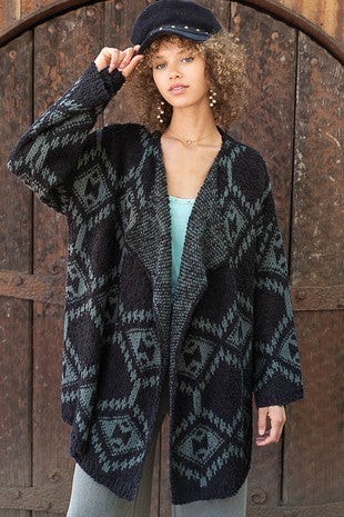 Charcoal Blue Sage Aztec POL Cardigan 8/11/23 6851