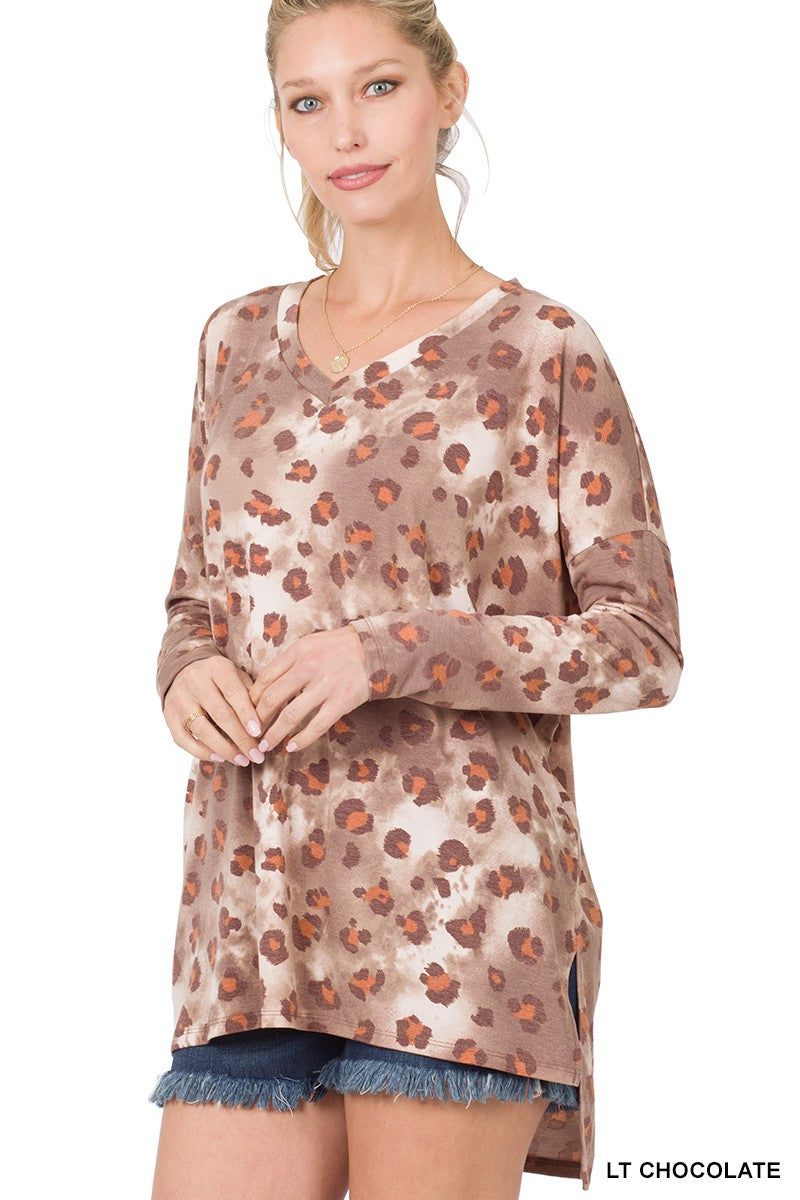 Light Chocolate Leopard Dolman Long Sleeve V Neck Zenana Top 9/13/23 7008