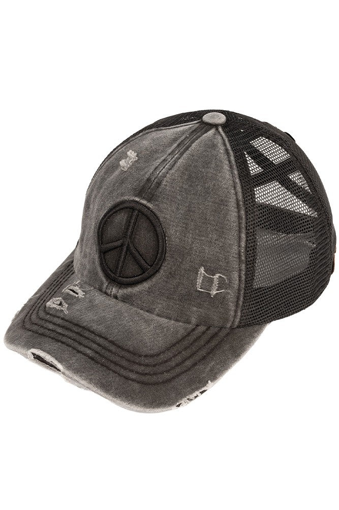 Black C.C. Peace Sign Distressed Criss Cross Pony Cap 5/17/23 6241