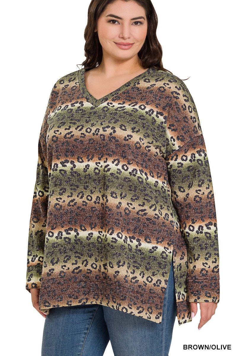 Brown Olive Plus Jacquard Leopard Long Sleeve V Neck Zenana Top 11/16/23 7015