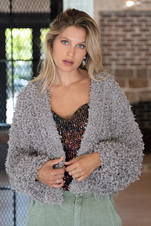 Taupe Grey Cropped Baloon Sleeve POL Cardigan 8/11/23 6863