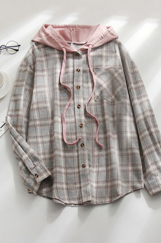 Grey Plaid Button Up Drawstring Casual Hooded Top 4/26/23 6094