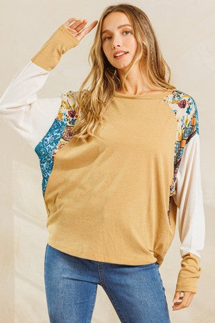 Mustard Color Block Long Sleeve Stretch Top 10/6/23 7168