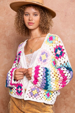 Ivory Multi Crochet Long Sleeve Open POL Cardigan 9/12/23 6984