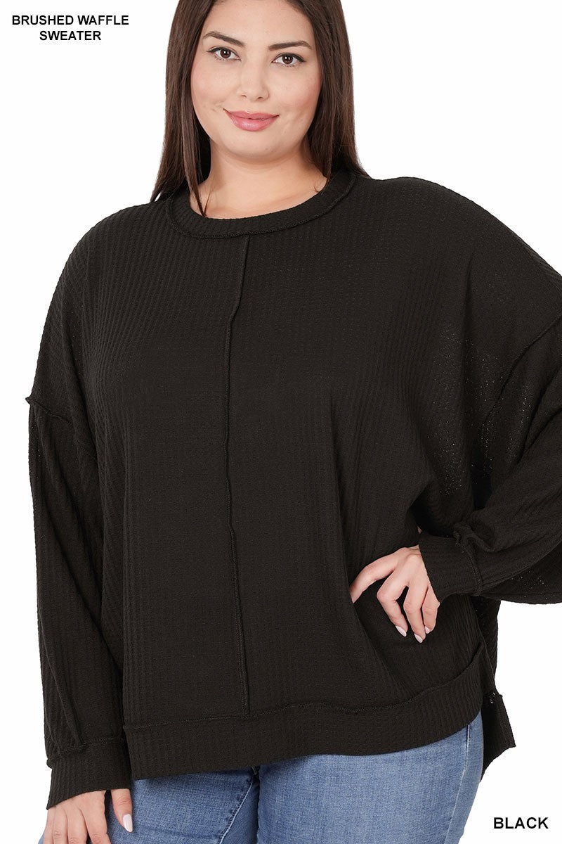 Black Plus Brushed Waffle Oversized Exposed Seam Zenana Sweater 8/16/23 6900
