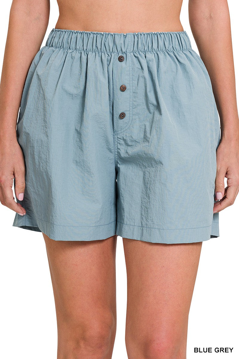 Blue Grey Windbreaker Elastic Front Button Zenana Shorts 4/24/23 6084