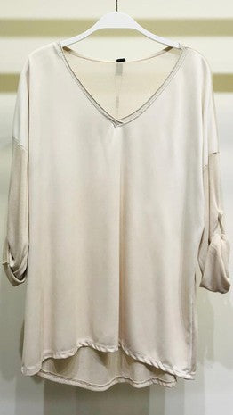 Beige Lurex Rolled Sleeve Microsuede Knit Venti Top 7/7/23 6607