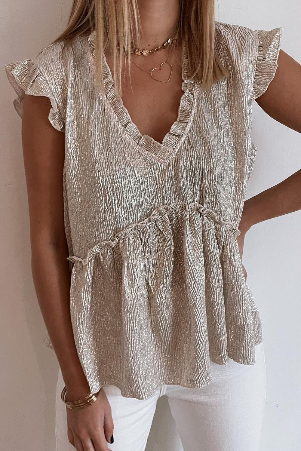 Khaki Frilled V Neck Metallic Crinkle K Blouse 5/24/23 6286