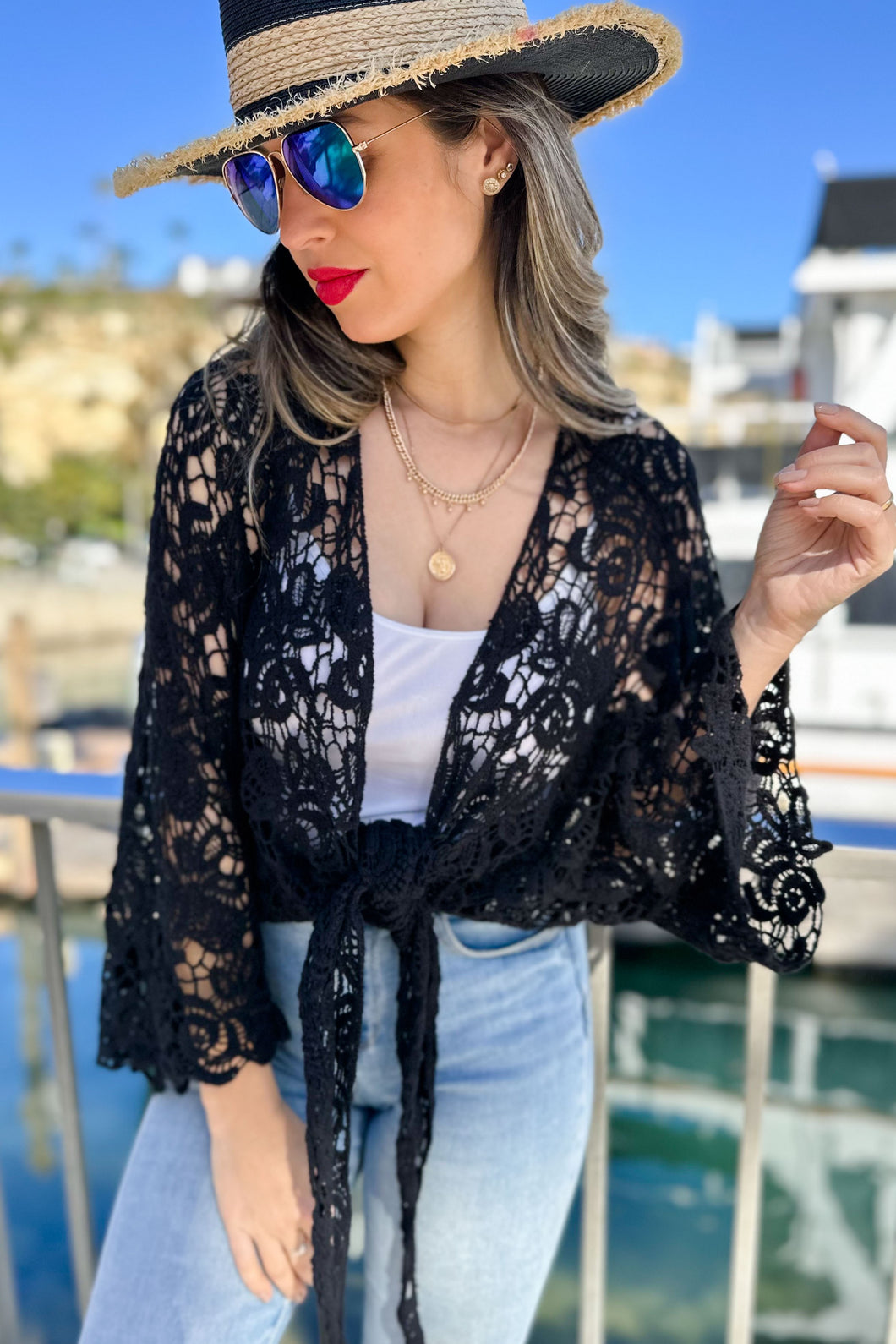 Black Floral Crochet Knit Bell Sleeve Amoli Cover Up 5/23/23 6265