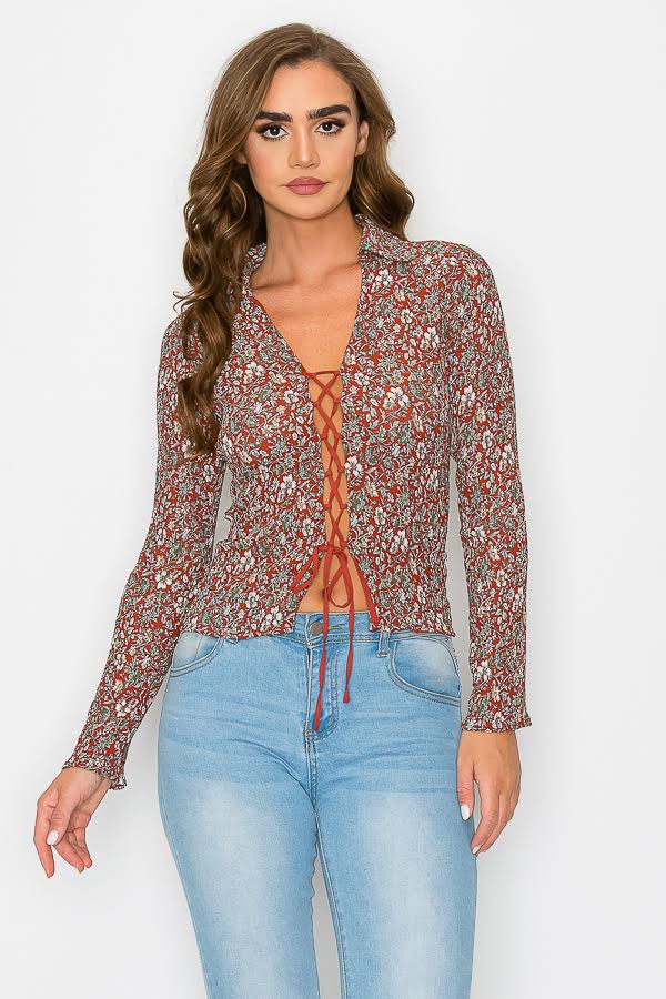 Burgundy Floral Lace Up Top 10/24/24 9169