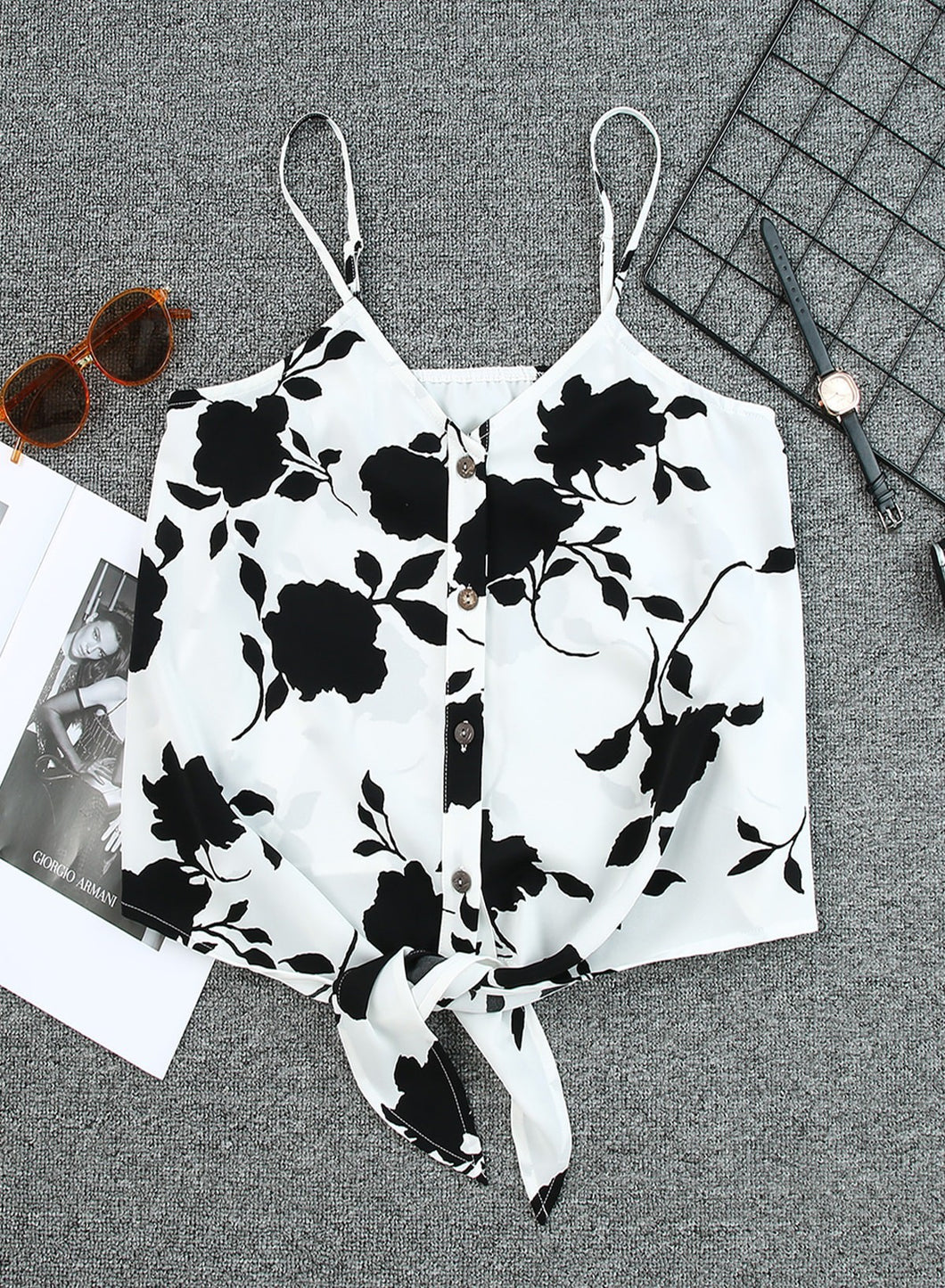 White Floral Shade Button Tie Tank Top 5/2/23 6150