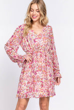 Cream Magenta Long Sleeve V-neck Floral Printed Woven Mini Dress