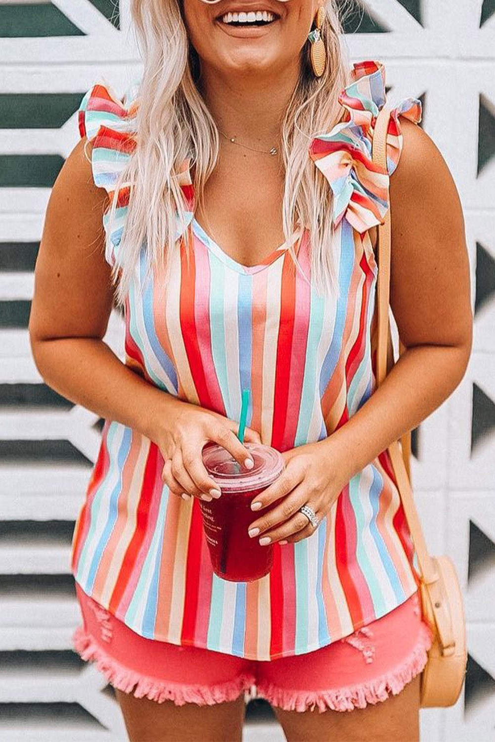 Multicolor Striped V Neck Ruffle Straps Tank Top 5/2/23 6147