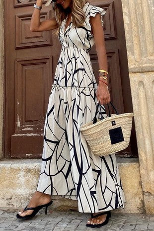 White Abstract V Neck Ruffle Maxi K Dress 5/24/23 6278