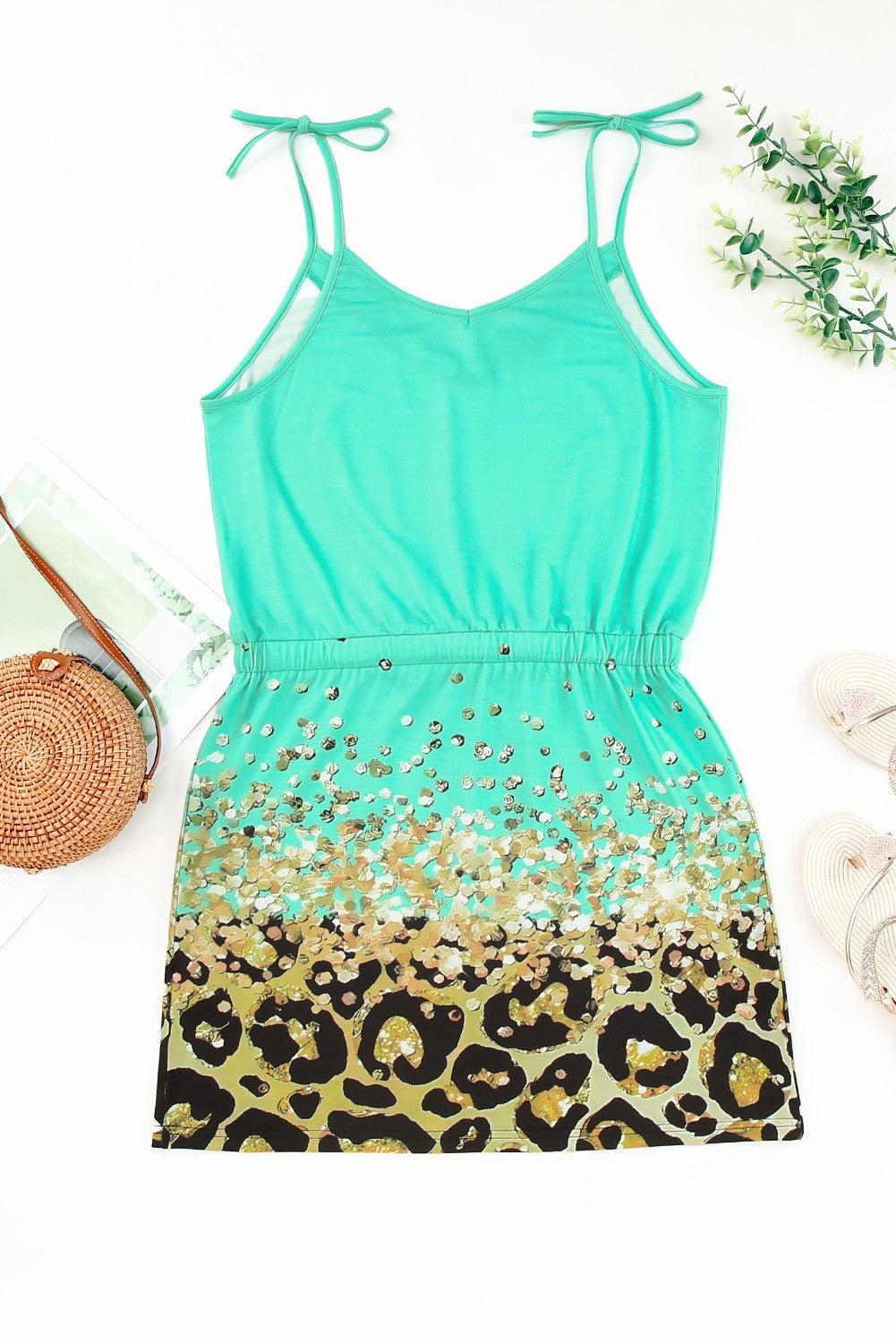 Green Shiny Leoapard Drawstring Strappy S Dress 6/5/23 6356