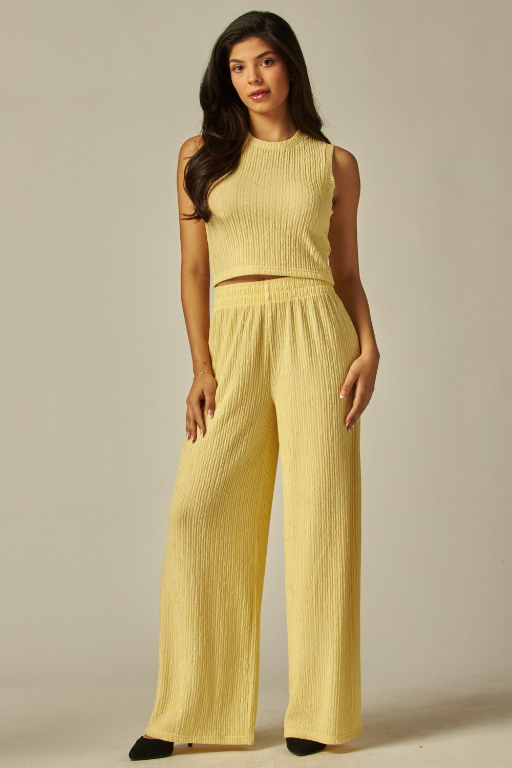 French Vanilla Crinkle Cropped Top & Lounge Pants Set 2/14/25 9612