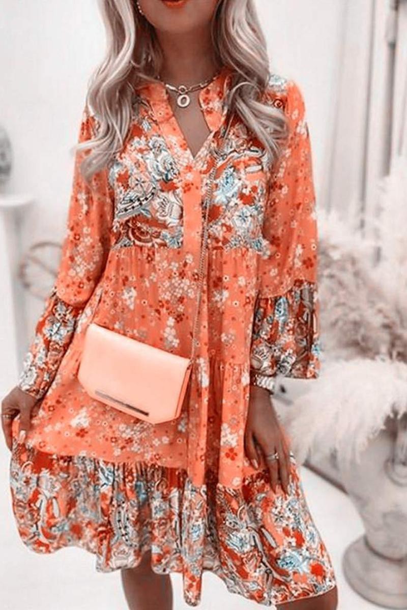 Orange Floral V Neck Long Sleeve Dress 8/25/23 6933