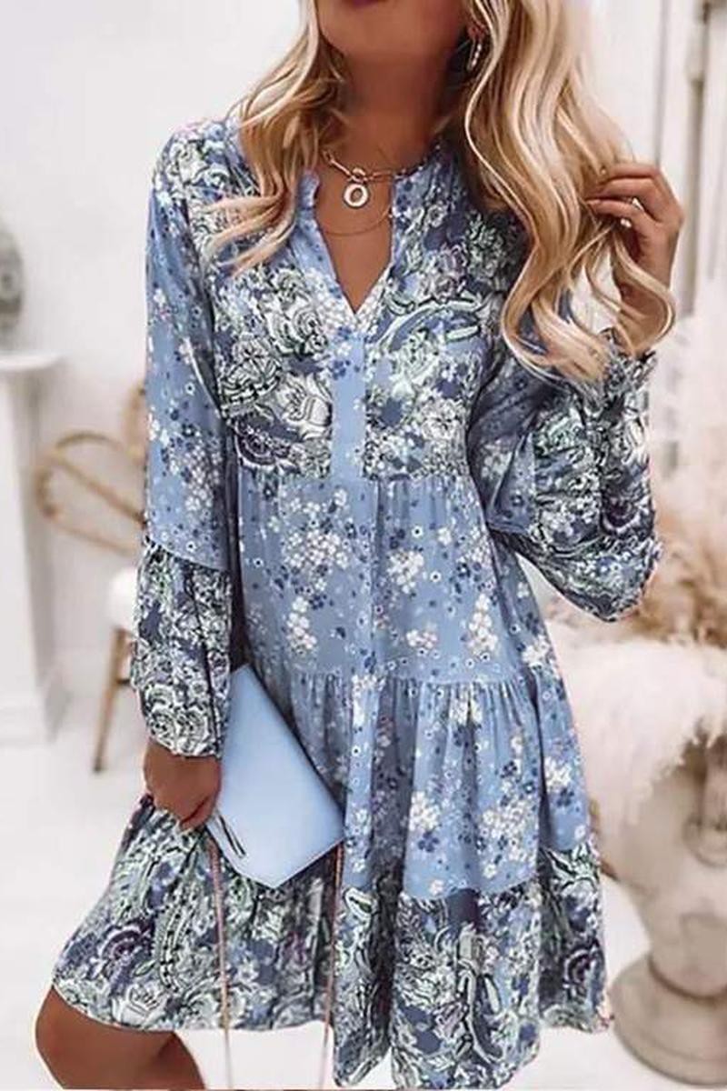 Blue Floral V Neck Long Sleeve Dress 8/25/23 6932