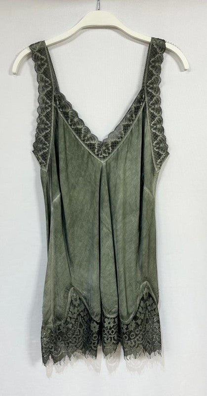 Army Green V Neck Strap Lace Trimming Hem Venti Tank Top 8/10/23 6829