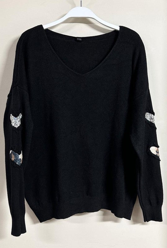 Black Sequin Heart Elbow Patch Long Sleeve Knit Venti Sweater 9/14/23 7056