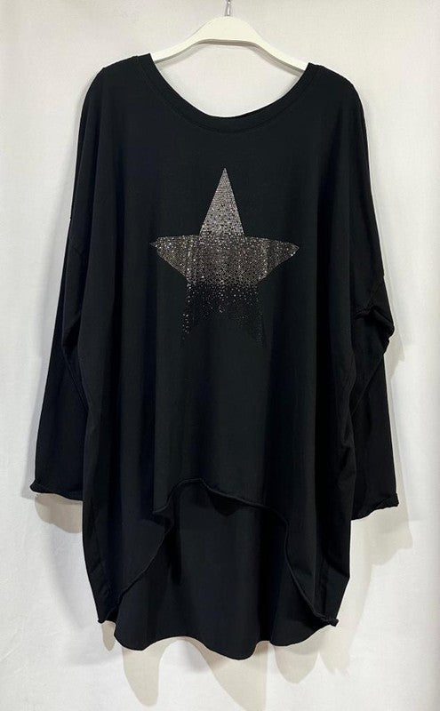 Black Rhinestone Star Quarter Sleeve High Low Venti T Shirt 7/27/23 6701