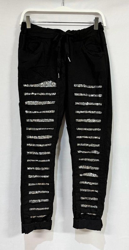 Black Sequin Stripe Venti Crinkle Joggers 8/10/23 6810