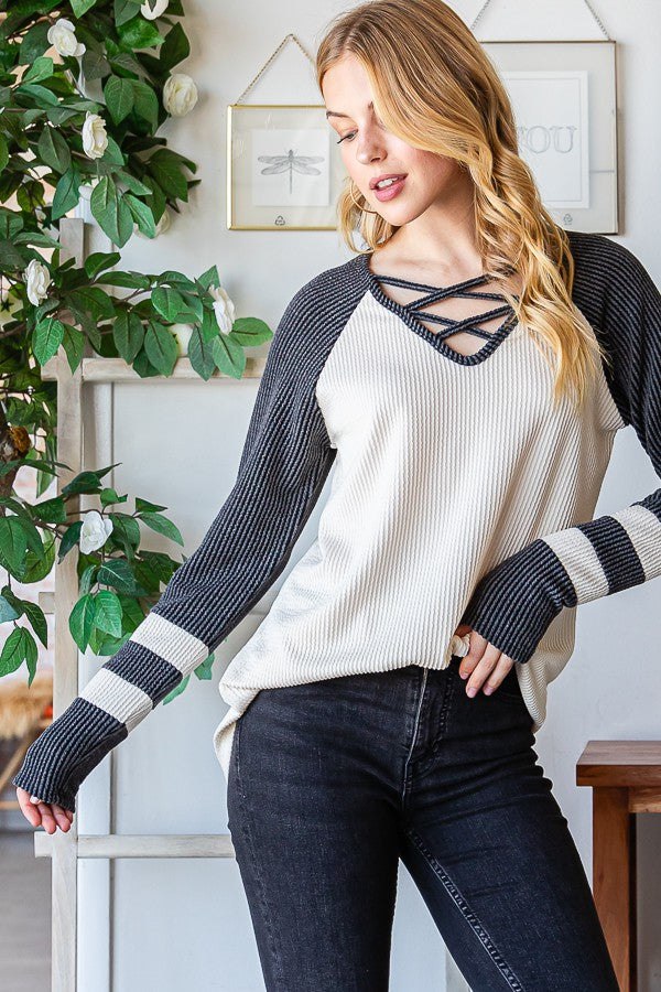 Charcoal Criss Cross V Neck Raglan Top 9/7/23 6965