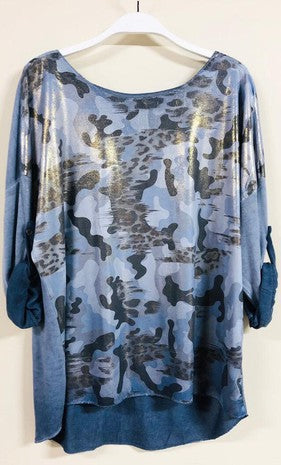 Blue Camo Leopard Print Long Sleeve Cuffed Venti T Shirt 8/10/23 6824