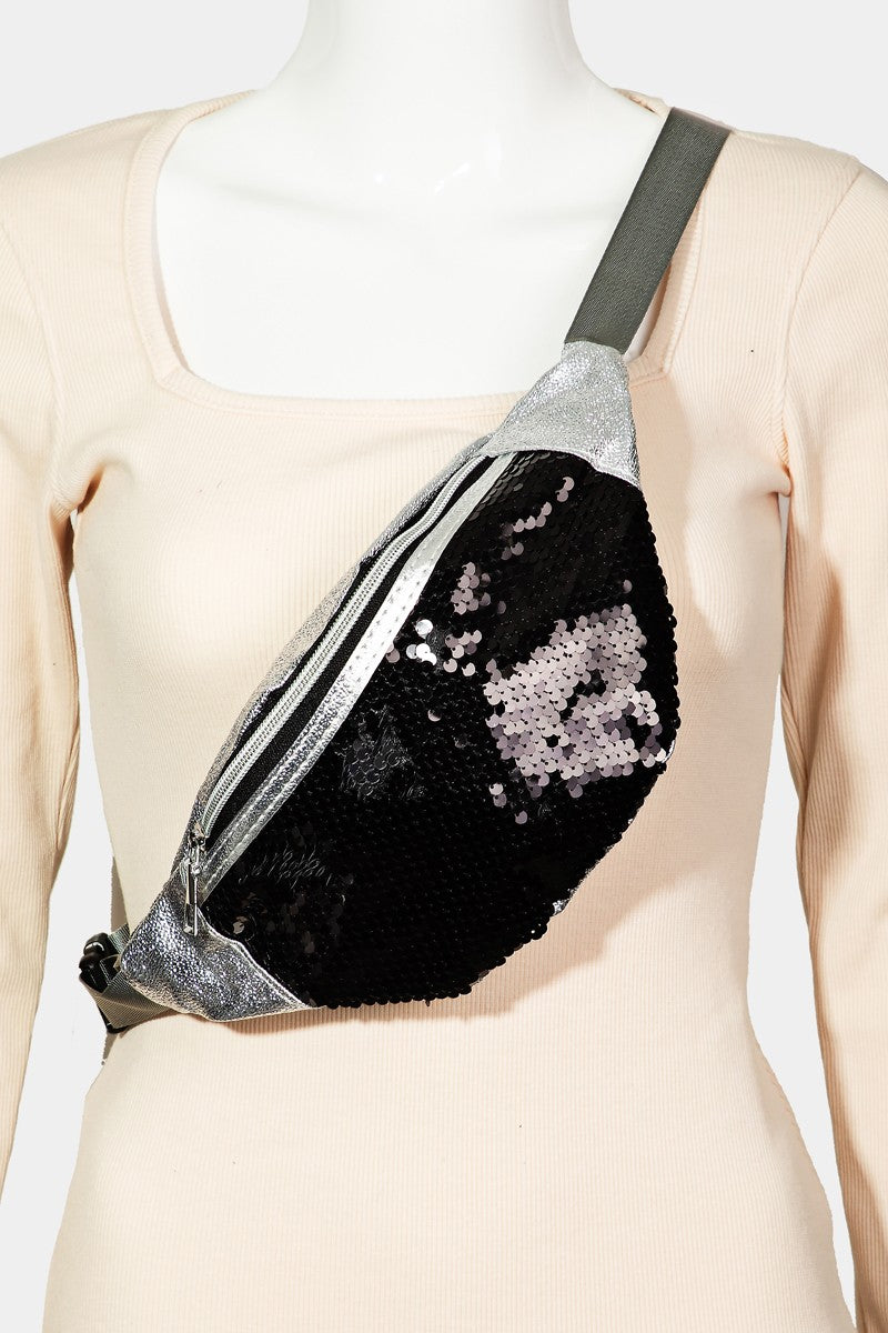 Black Sequin Front Single Zipper Fanny Pack 8/28/23 6950