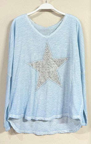 Sky Blue Sequin Star Fring V Neck Long Sleeve Venti Slub Top 9/14/23 7087