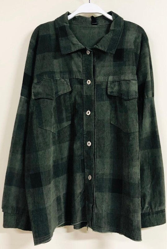 Army Green Black Plaid Baby Corduroy Long Sleeve Venti Shacket 9/14/23 7090