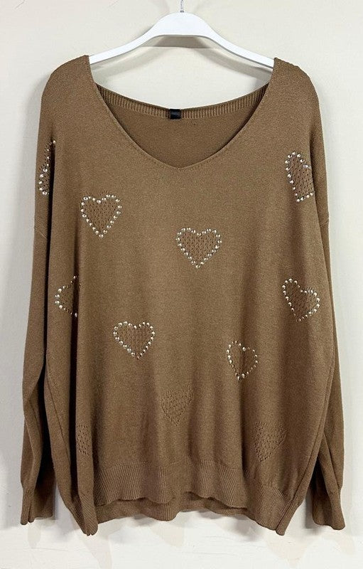 Camel Studded Heart Long sleeve V Neck Venti Sweater 9/14/23 7079