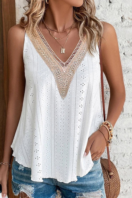 White Lace Crochet V Neck Loose Fit Tank Top 4/18/24 8461