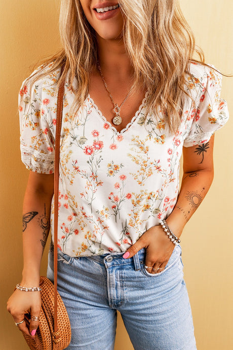 Multi Boho Floral Lace Short Sleeve Top 5/3/24 8489