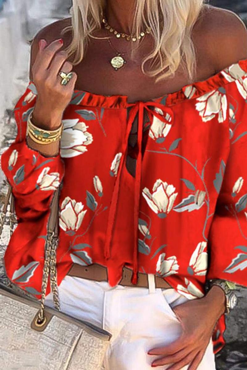 Red Floral Off Shoulder Lace Up Top 5/3/24 8519