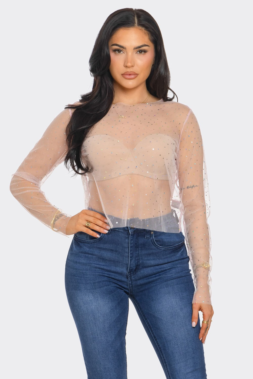 Baby Pink Sheer Mesh Rhinestone Top 5/28/25 9929