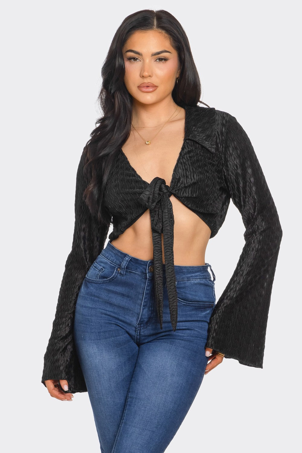 Black Satin Bell Sleeve Tie Front Top 5/28/25 9931