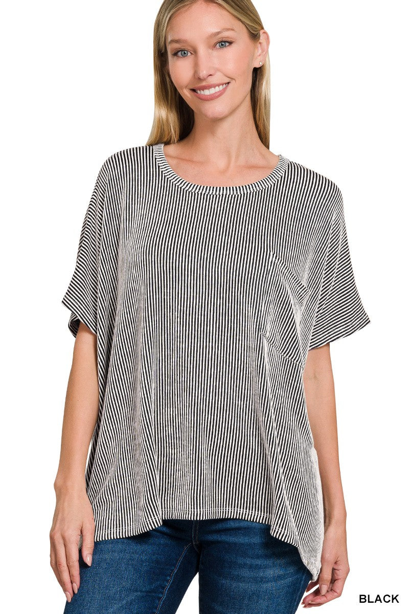 Black Corded Rib Oversized Short Sleeve Zenana Top 7/7/25 1011