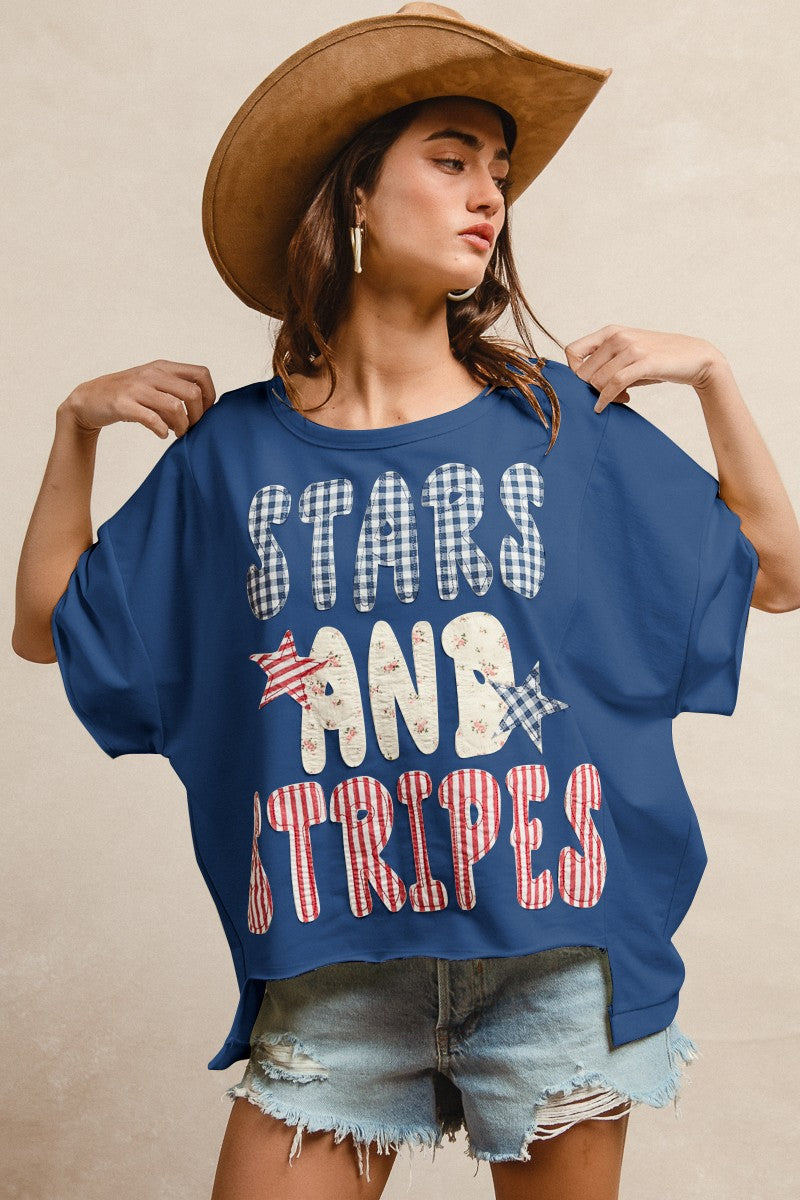 Navy Stars and Stripes Patchwork Short Sleeve Bibi Top 4/25/25 9815