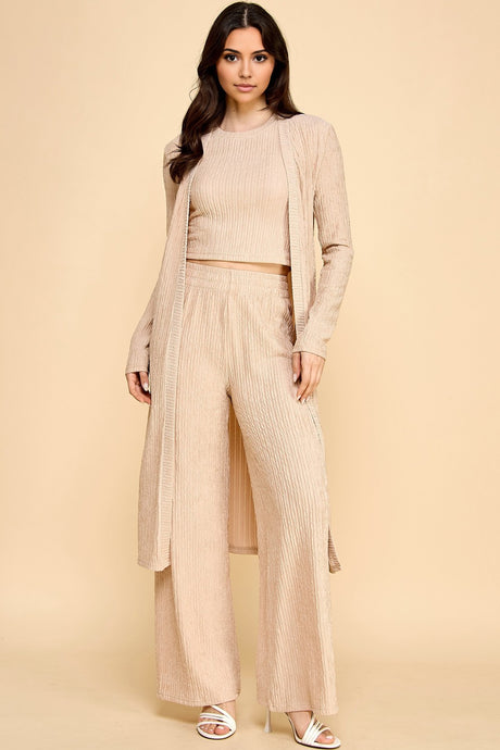 Cocoa Crinkle Cardigan, Crop Top, & Wide Leg Pants Set 10/22/25 1217