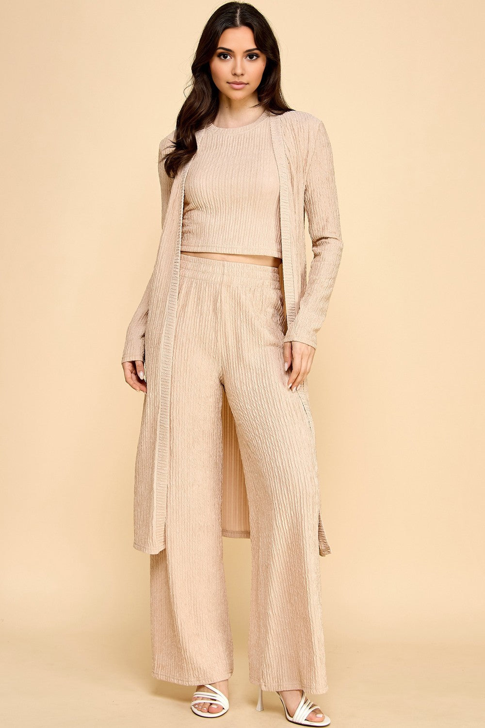Cocoa Crinkle Cardigan, Crop Top, & Wide Leg Pants Set 10/22/25 1217