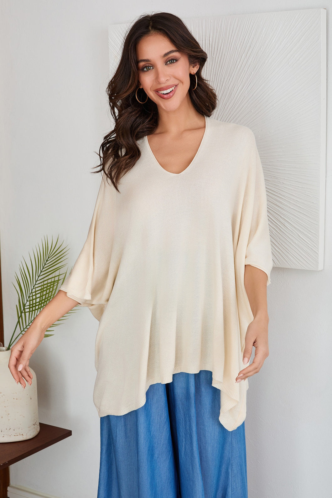 Cream Light Knit Oversized Drapey V Neck Venti Top 4/8/25 9741