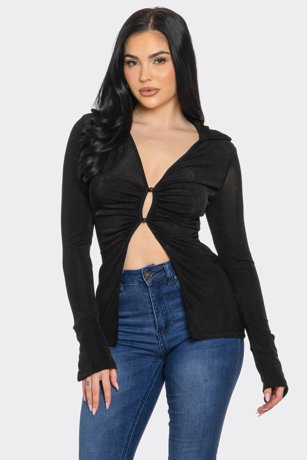 Black Long Sleeve Slinky Open Front Top 5/28/25 9933