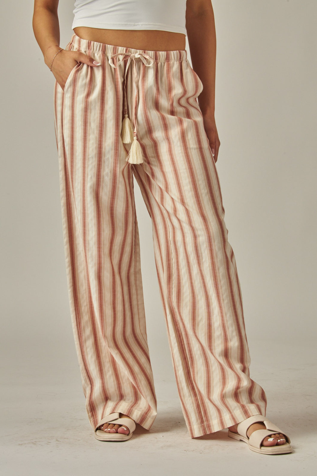 Sunset Red Striped Relaxed Wide Leg Linen Pants 3/4/25 9666