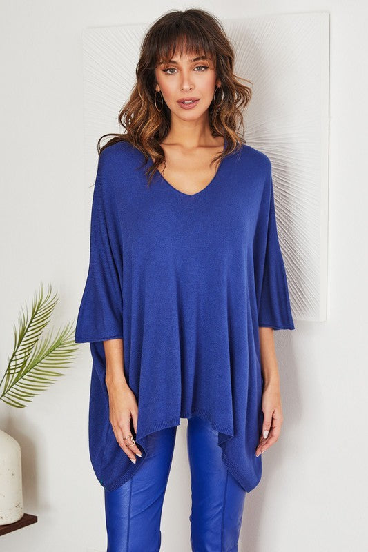 Royal Blue Light Knit Oversized Drapey V Neck Venti Top 4/8/25 9743